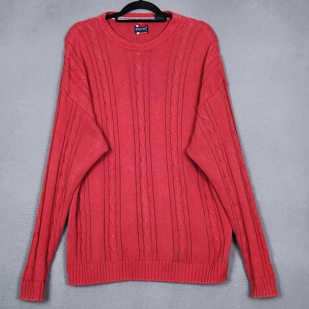 Vintage Bugle Boy Classics Sweater Mens XL Red 100% Cotton Cable Knit Crewneck